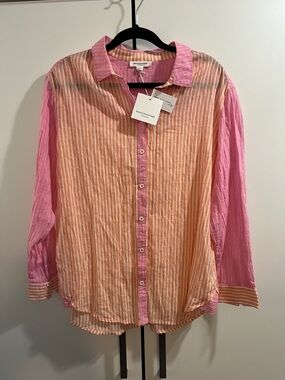 beachlunchlounge Peach and Pink Striped Cotton Shirt Large